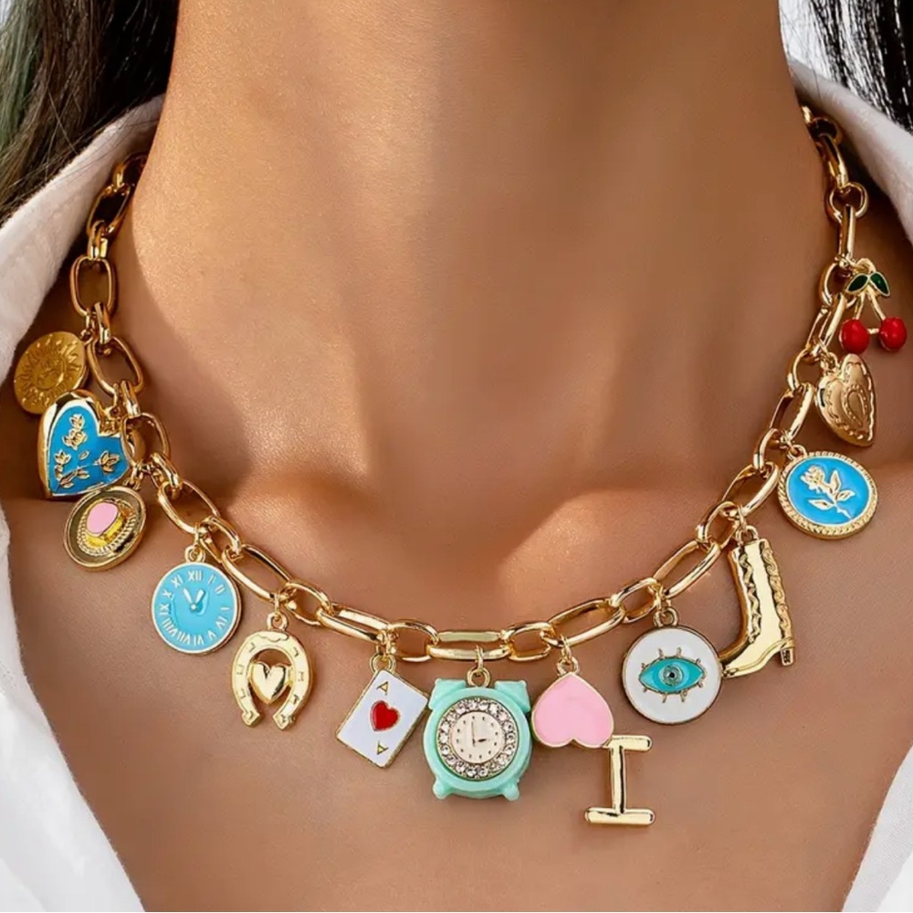Gold Paper Clip Charm Necklace with Colorful Charms